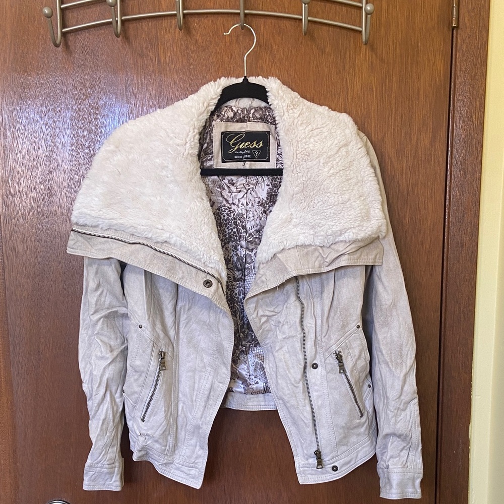 GUESS Cream Faux-Shearling Collar leather Jacket